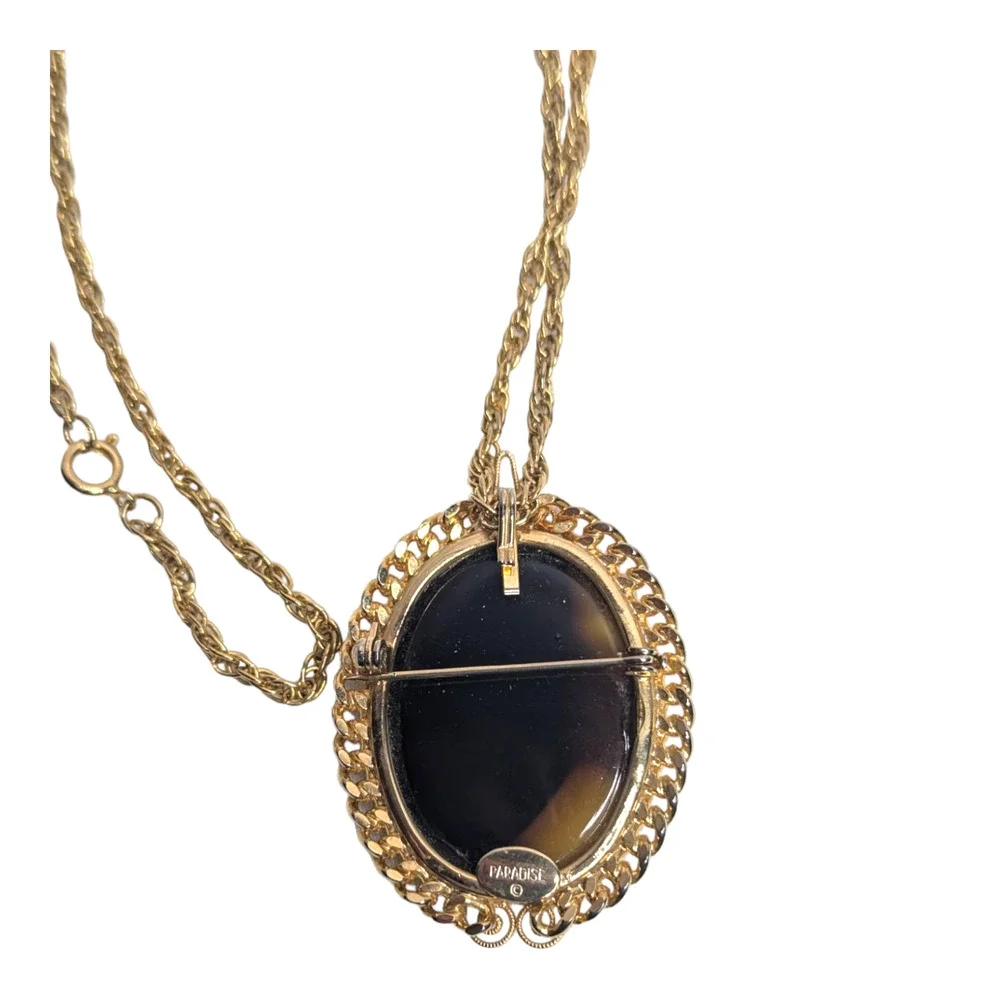 Paradise Cameo Pendant 24in Necklace Gold Tone Brooch Pin Victorian Style‎ Vtg